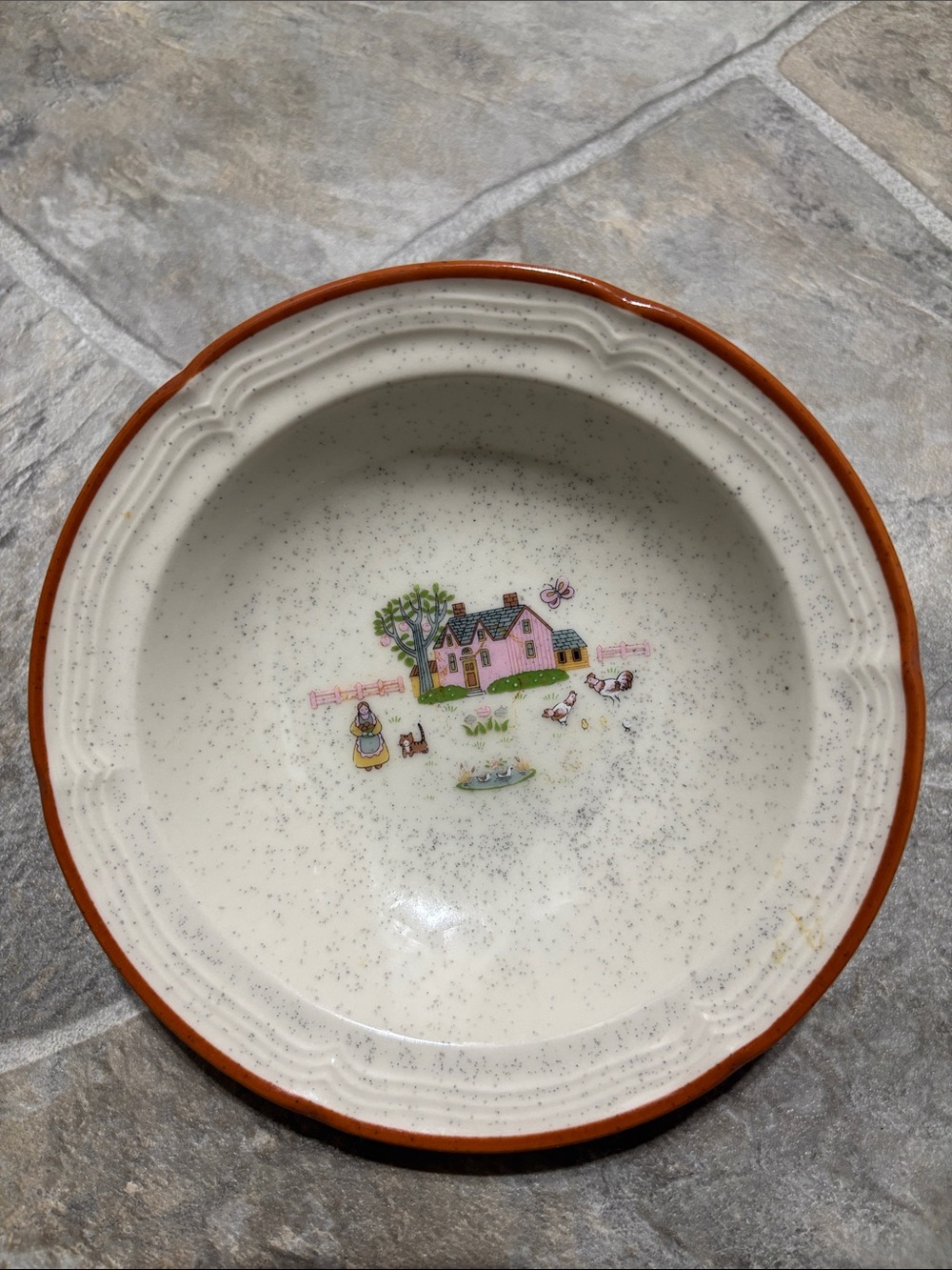 Country House Japan Speckled Cream Serving Bowl with Rustic Orange Rim Cottage